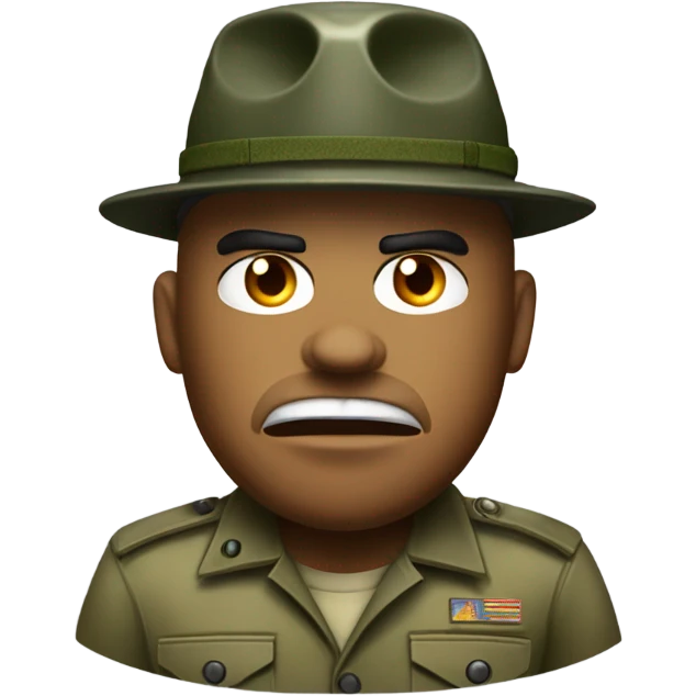 drill sergeant character wearing a classic sergeant hat and a camouflage army shirt. The character should have an angry intense expression. full torso emoji