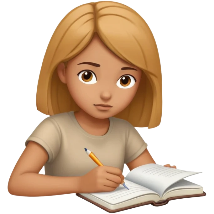 Young girl reading a notebook, focused expression, studying emoji