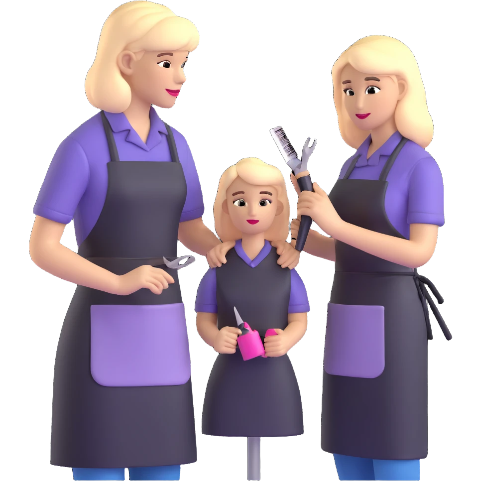 professional hairdresser in salon apron instructing student with mannequin emoji