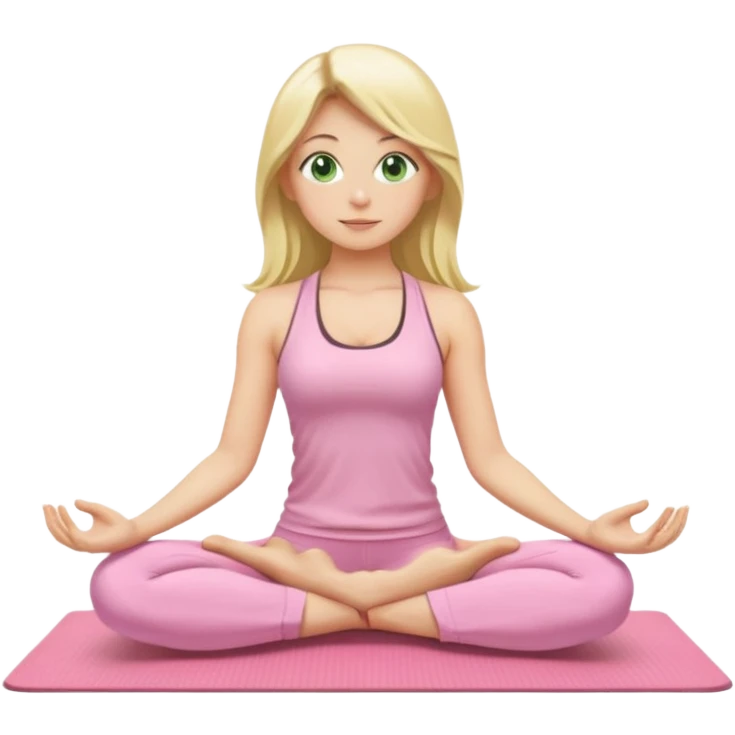 blonde long-haired yoga girl, green eyes, light pink yoga clothes, sitting on a yoga mat in meditation pose, emoji style emoji