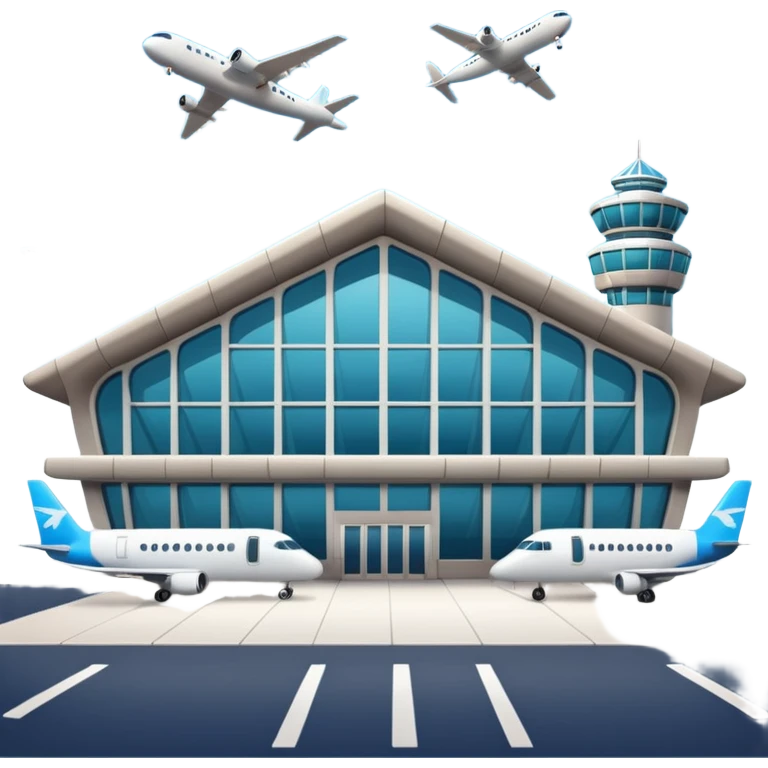 A 3D cartoon airport terminal building with glass windows and airplanes nearby, clean lighting, Memoji-style rendering. emoji