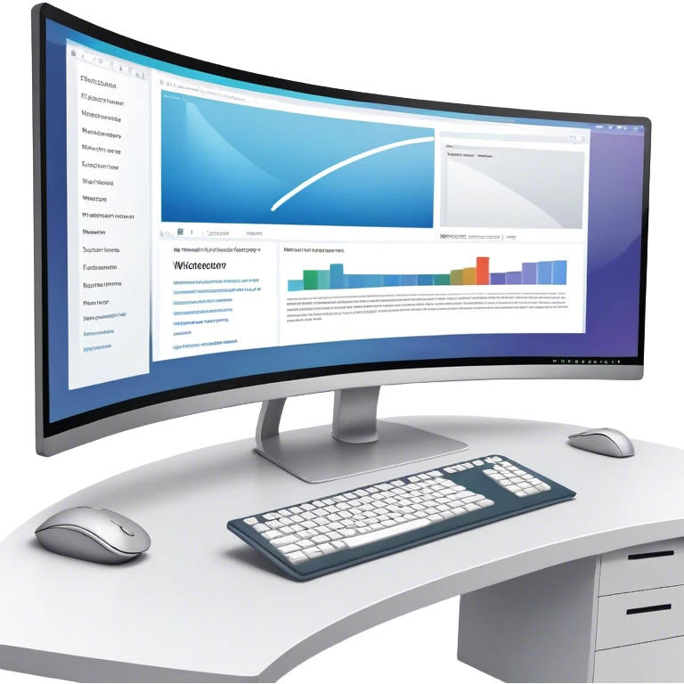 Create an emoji for UX/UI design. Show  large curved monitor displaying windows with UX/UI design HTML program interface. Include a mouse, keyboard, and stylus next to the screens. Use modern, professional colors. Do not include any emojis or smiley faces. Make the background transparent. emoji