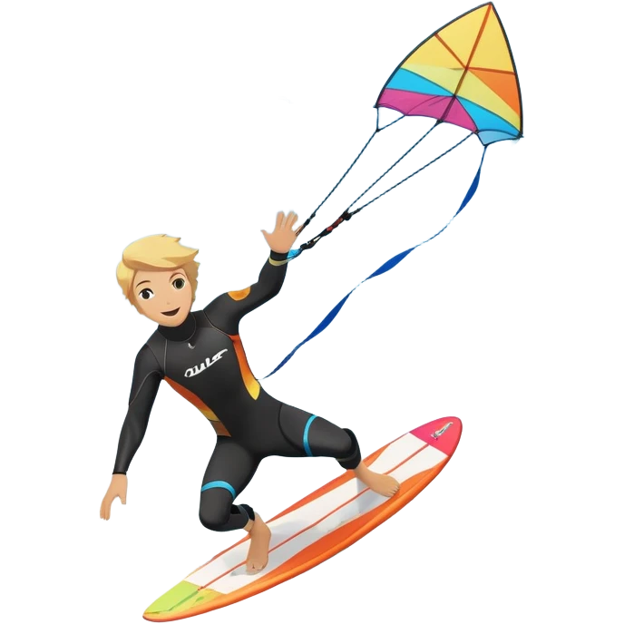 An athlete in a wetsuit riding a kiteboard, soaring over the waves with the kite high in the sky. The background features a vibrant blue sky and crashing ocean waves, capturing the thrill and freedom of kitesurfing in dynamic motion. emoji