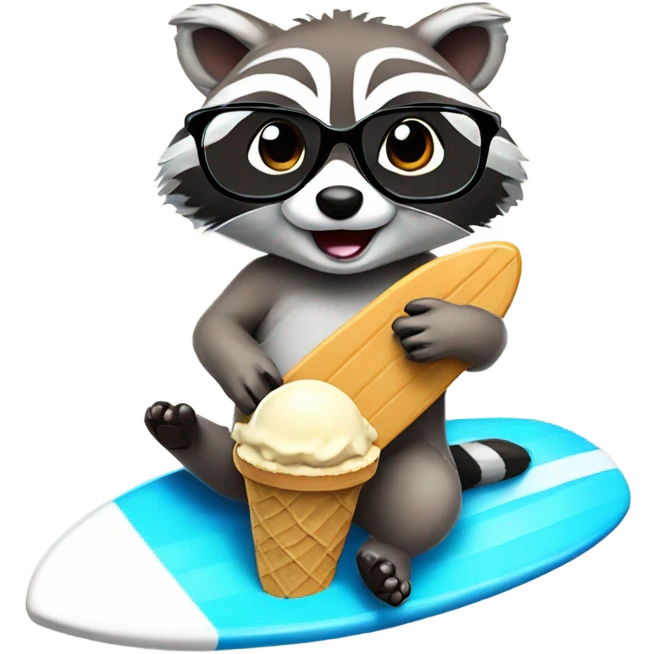 racoon wearing glasses eating ice cream and riding a surfboard emoji