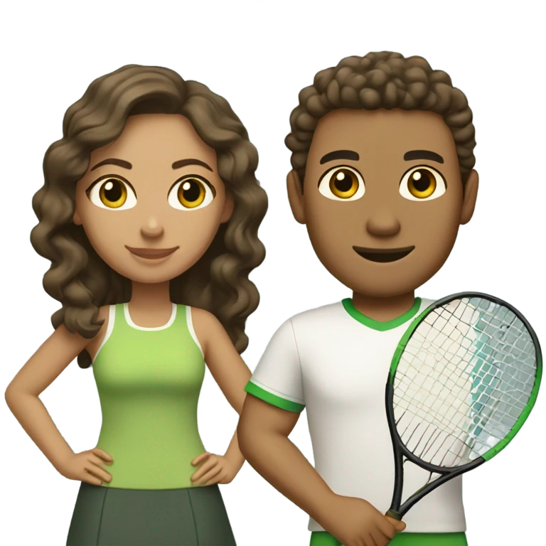 A couple playing tennis. The man is light skin (olive tone) with straight brown hair and green eyes. The woman is lighter tan (Latina) with curly dark brown hair and light brown eyes. emoji