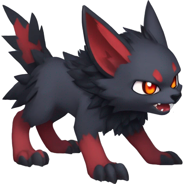  cool edgy beautiful fantasy anime-style dark animal vampiric Litten-Zoroark-cat-hybrid Fakemon with big fangs and bat-ears full body emoji