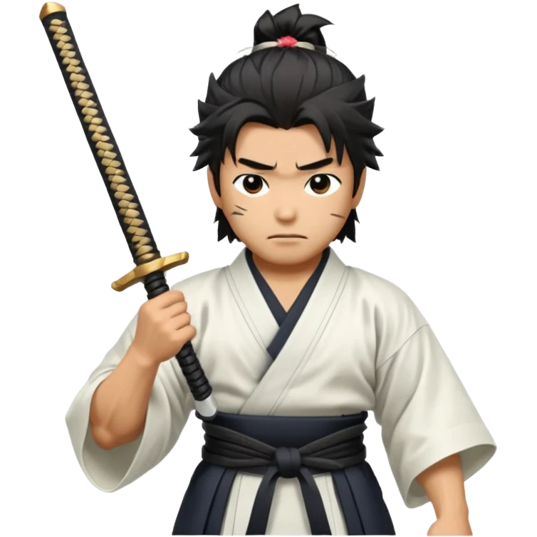 japanese samurai holding samurai sword he is wearing white kimono he has muscles and black messy hair  emoji
