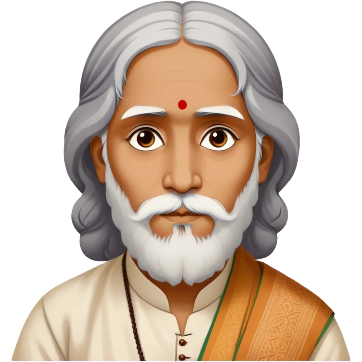 Rabindranath Tagore – Cinematic Realistic Portrait of Rabindranath Tagore, depicted with thoughtful, soulful eyes and gentle features, dressed in traditional Bengali attire with subtle artistic motifs, bathed in warm, soft lighting that evokes his poetic genius and timeless wisdom. emoji