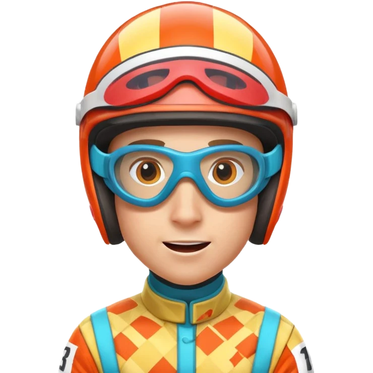 horse race jockey portrait, head and shoulders only, bright patterned racing uniform, helmet and goggles, energetic expression, 3D cartoon, mobile game icon style, clean background, no text, no watermark
 emoji