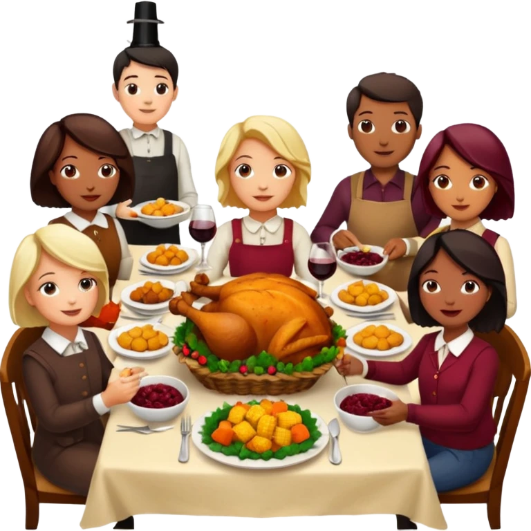 Thanksgiving Dinner with 10 people of different races around the table; have the food be a cooked turkey, mashed potatoes, corn, a basket of biscuits, a small bowl of cranberry sauce, baked yams, steamed vegetables, and a bottle of wine. emoji