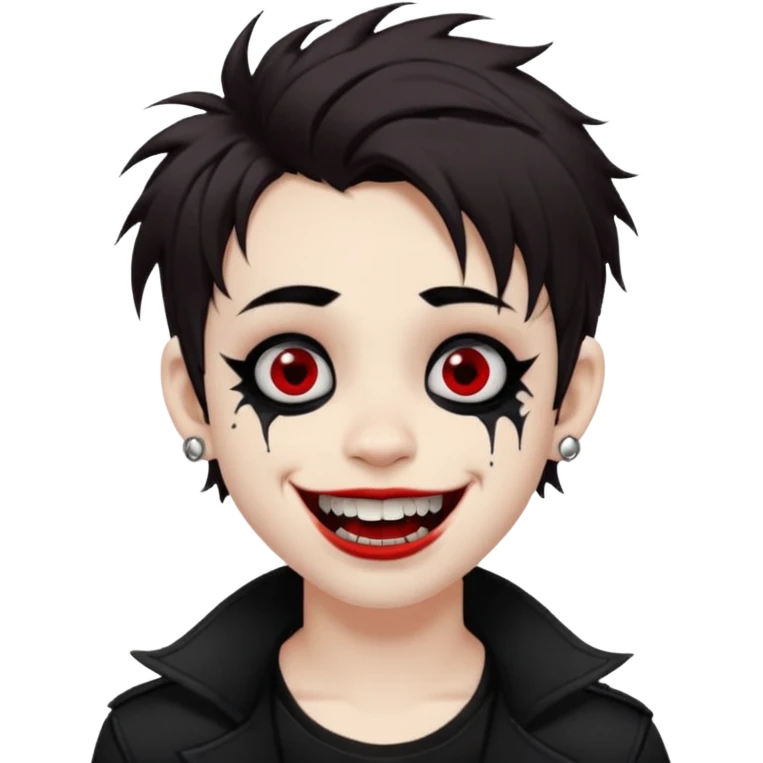 Laughing pale Goth boy with a bunch of face piercings, with shaggy dark brown hair, and messy black eyeliner , smudged, red, lipstick  emoji