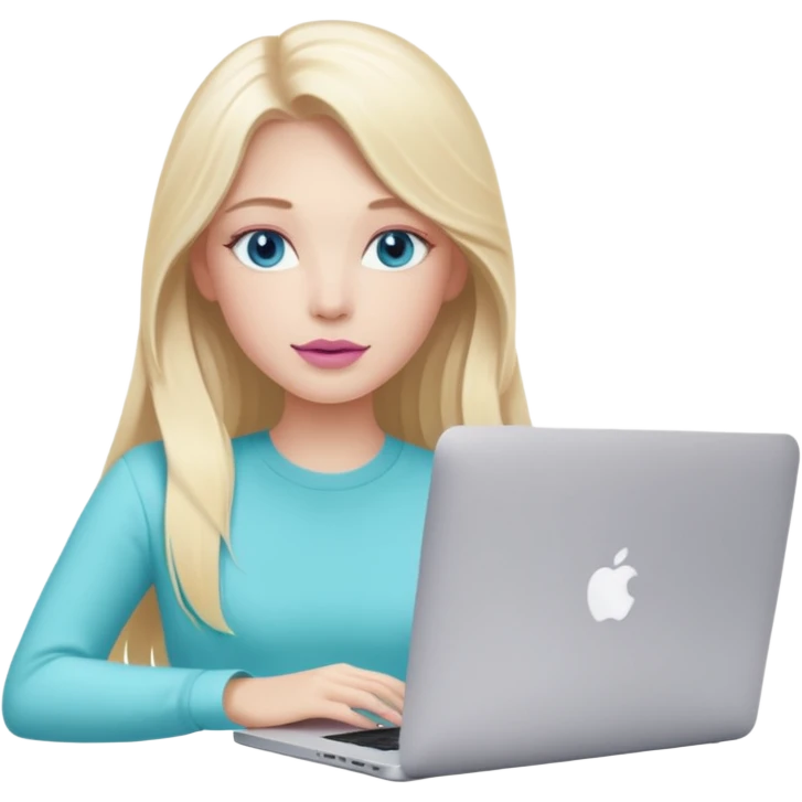 blonde long hair girl using macbook emoji. she has blue eyes and there is tatcha longevity cream (teal colour) and Summer fridays lip balm (pink sugar) in front of the laptop emoji