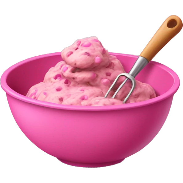 Realistic pink mixing bowl of cookie dough and with pink wisk in the bowl with it. emoji