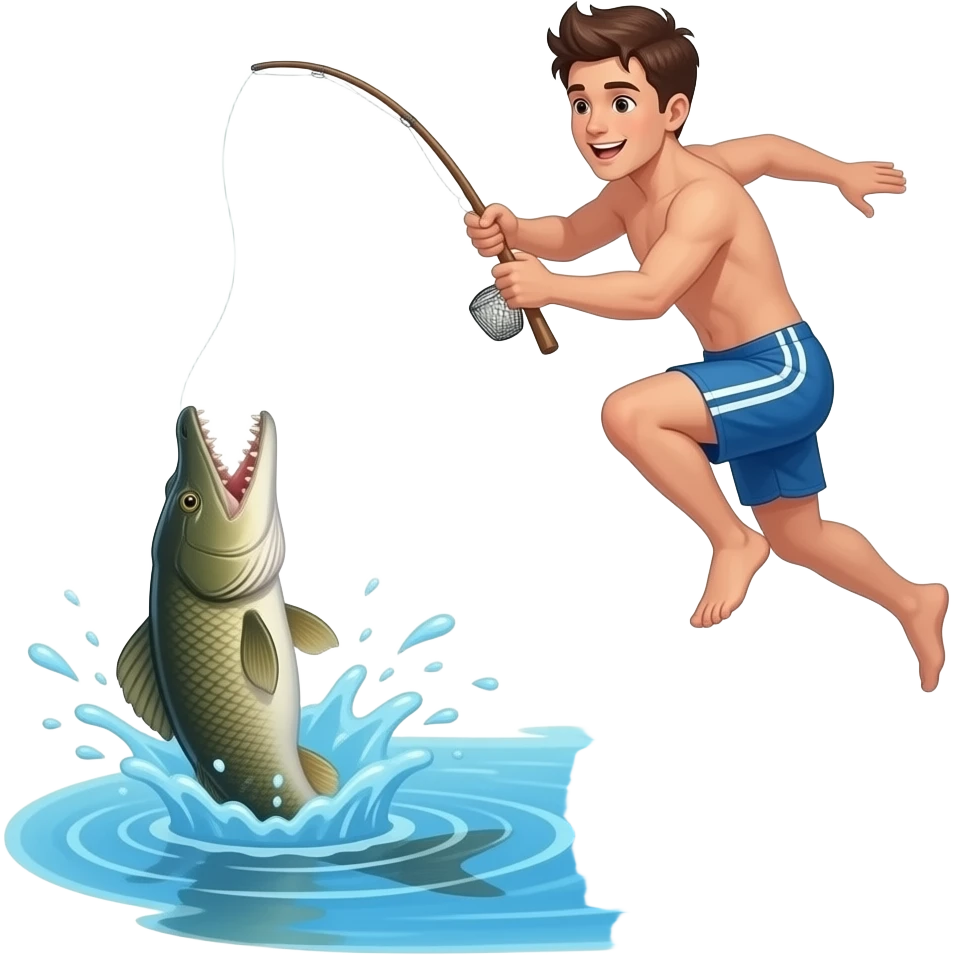 a guy jumping into the water for a long alligator gar fish that he lost emoji
