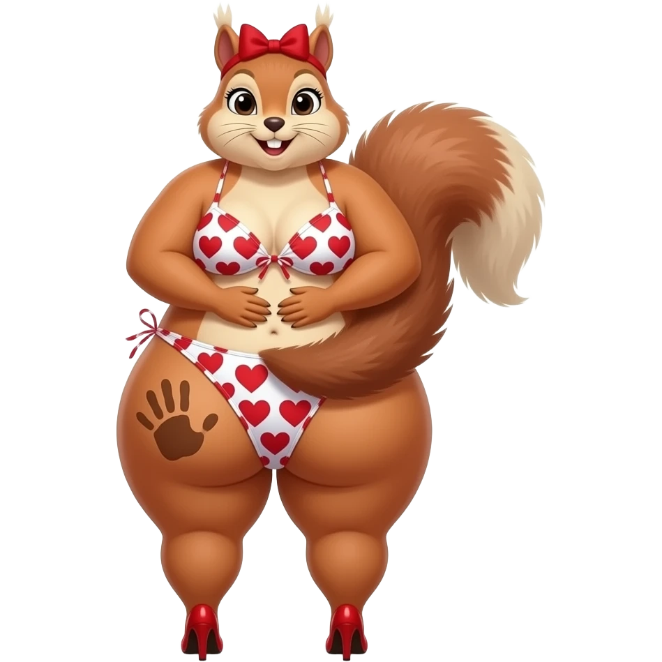 A tall really extremely obese heart shaped red and white bikini big booty bbl squirrel showing back its massively big thighs and buttocks while putting her hands behind the wall and it has a brown colored hand print on her left buttocks and it with a red bow tie on her head wearing red high heels emoji