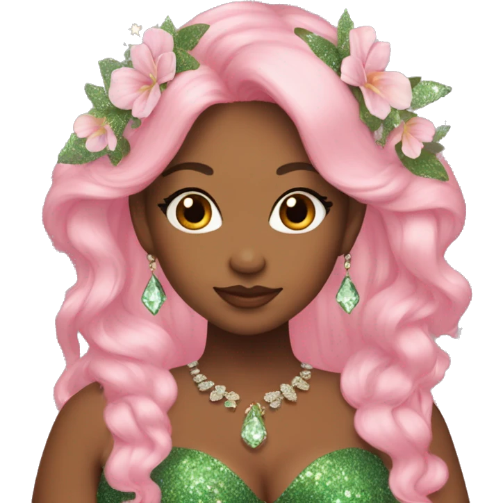 plus size woman, long beautiful pink hair, flowers in hair, glitter green dress, crystal jewelry, fairy wings, elf ears emoji