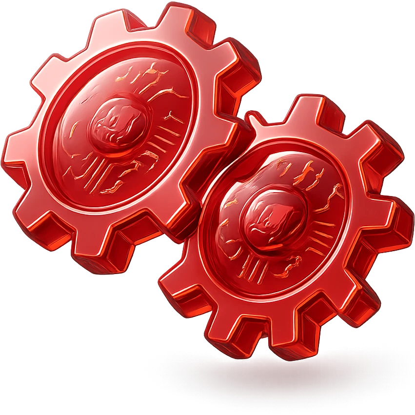set of 2 round gears, shiny and metallic, glossy circuit style, all in red color emoji