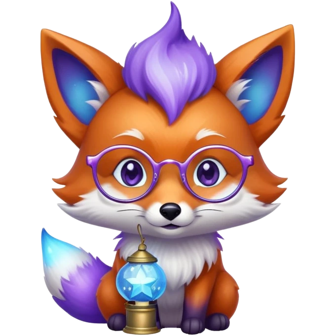 Laughing with tears of joy 😂 — a small magical fox with shimmering purple and blue fur, a glowing fluffy tail, a silver star on its forehead, round glasses, and a tiny lantern. emoji