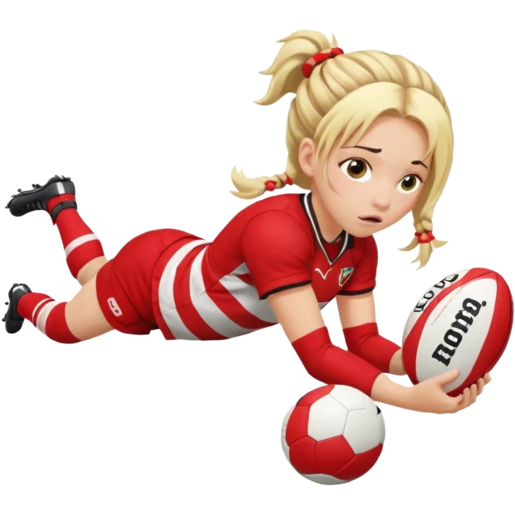 Chica de pelo rubio tirada en el suelo boca abajo agarrando un balón DE RUGBY con las manos vestida con una equipación de color rojo y blanco con líneas y con unas botas de tacos de fútbol, con un bucal en la boca y el pelo con trenzas, se la tienen que ver las piernas  emoji
