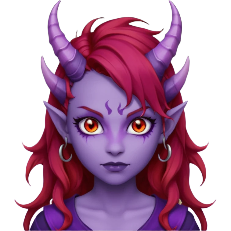 Demon Girl Purple Skin Dragon Horns Black Eyes Red Glowing Pupils Auburn Haired Red Shirt  emoji