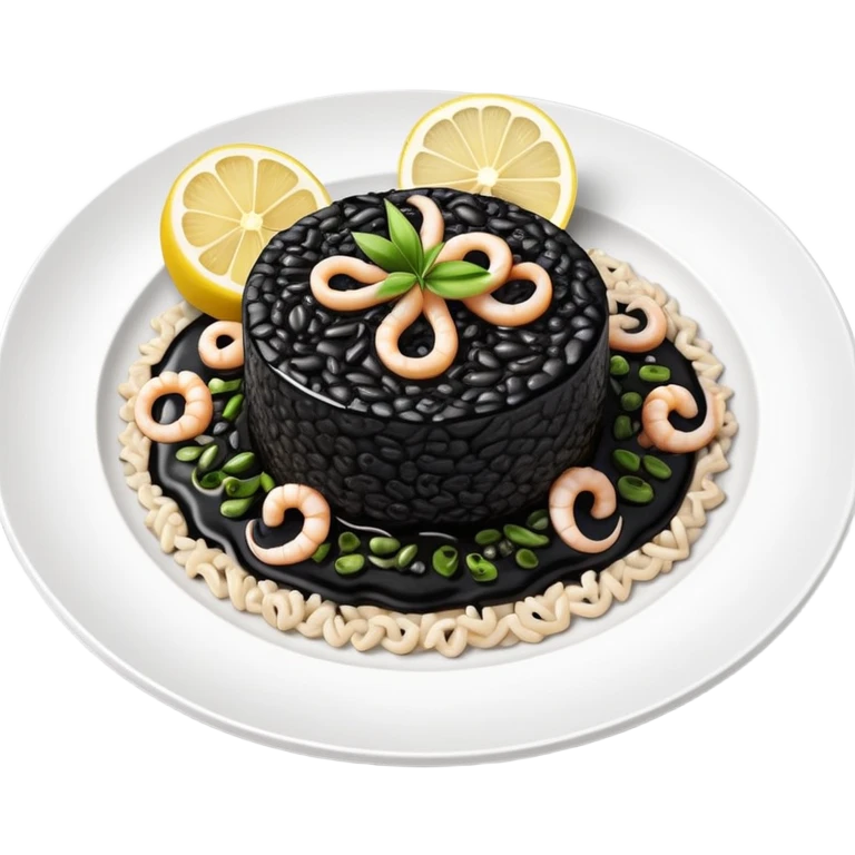 cinematic-realistic-black-risotto-dish-emoji,-showcasing-small squid pieces in black sauce -rendered-with-bold-textures-and-dynamic,-dramatic-lighting in a white plate with a grilled lemon on top emoji
