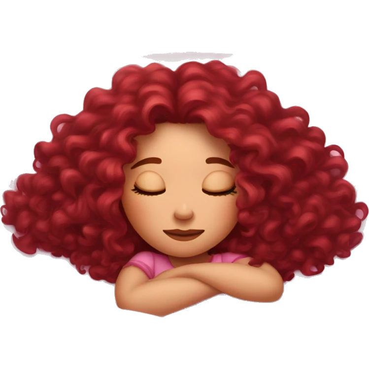 gorgeous white woman with long burgundy curly hair sleeping on pink princess bed emoji