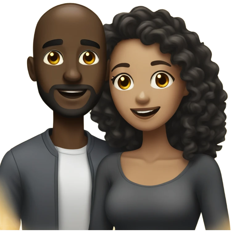 Dark skin man with bald head and beard taking selfie with light skin woman with long black curly hair emoji