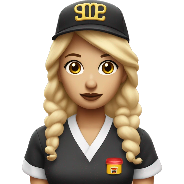 pretty blonde hair tied up with makeup and lashes. in a mcdonald’s uniform and hat looking sad emoji