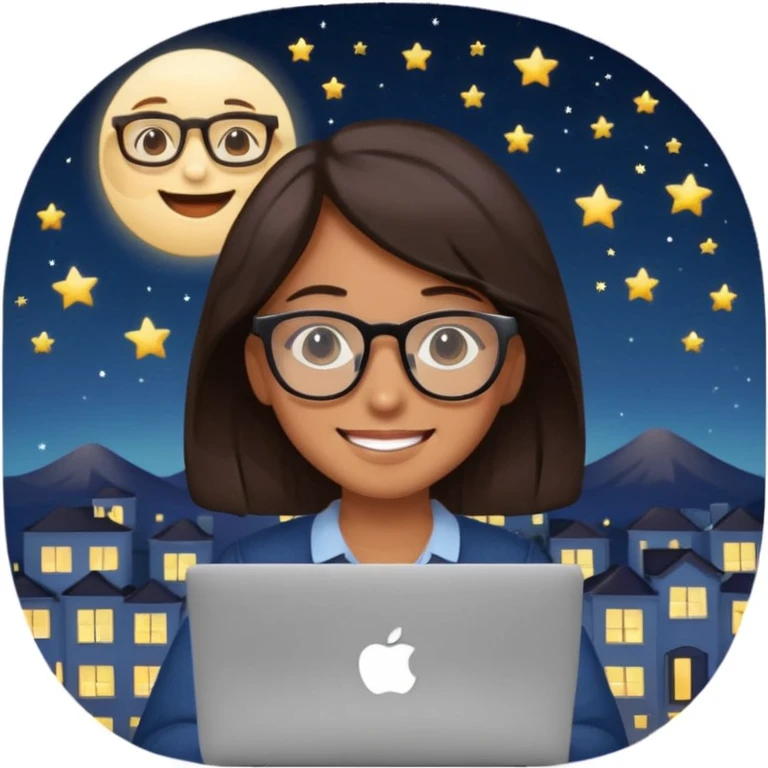 student with laptop, window at back showing night sky with stars and moon, apple style emoji emoji