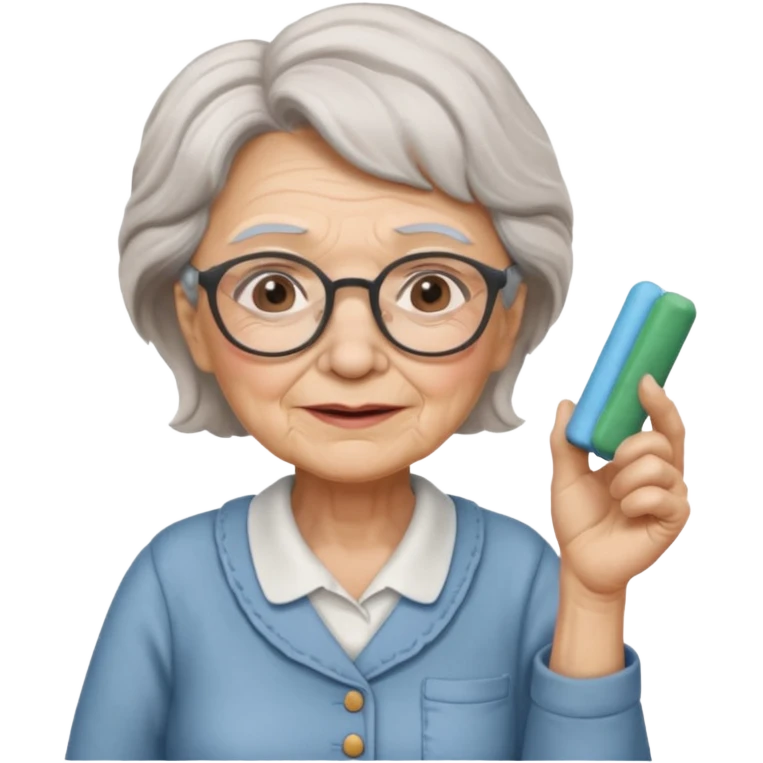 woman teacher, old, wearing glasses, hold chalk on hand emoji