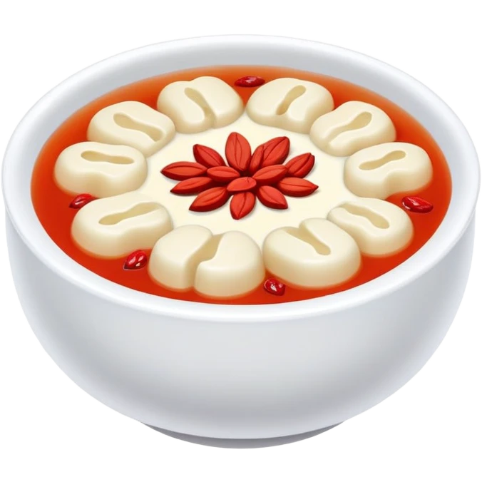 Sweet white fungus soup with red dates and goji berries, simplified emoji style with bold outlines and bright colors, cartoon style Yin Er Tang dessert emoji