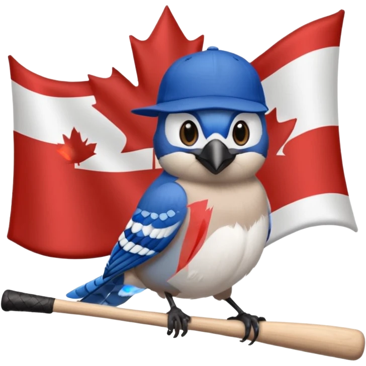 bluejay standing swinging bat, toronto blue jays baseball hat, background canadian flag
 emoji