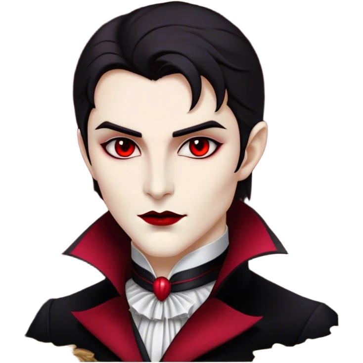 Cinematic Noble Vampire Portrait Emoji, Elegant and commanding, with a refined, pale visage framed by dark, velvet accents and a hint of crimson, exuding timeless seduction and dangerous allure, simplified yet exquisitely detailed, glowing with a soft nocturnal radiance and a subtle, mysterious outline that captures the regal spirit of an immortal lord of the night! emoji