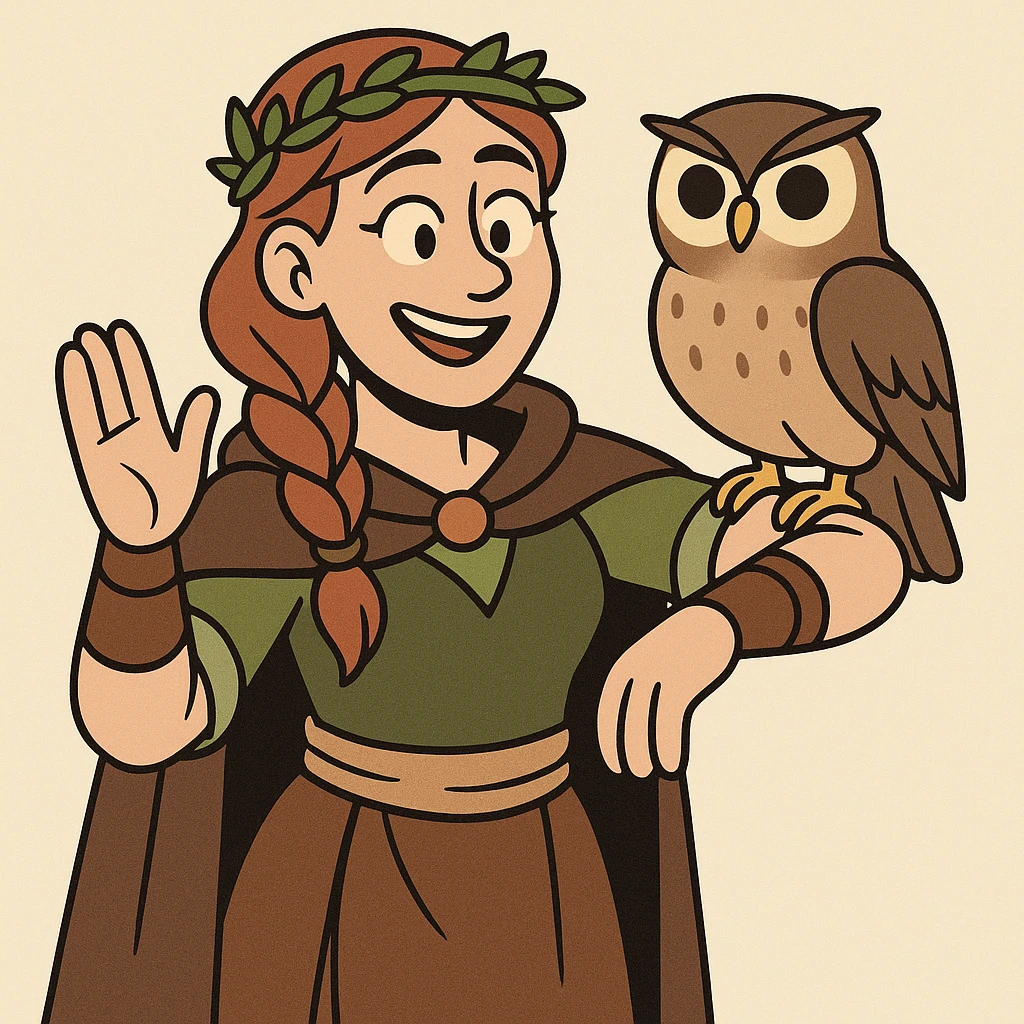 smiling female druid, cartoon style, braided hair, animal companion owl, earth-toned clothing emoji