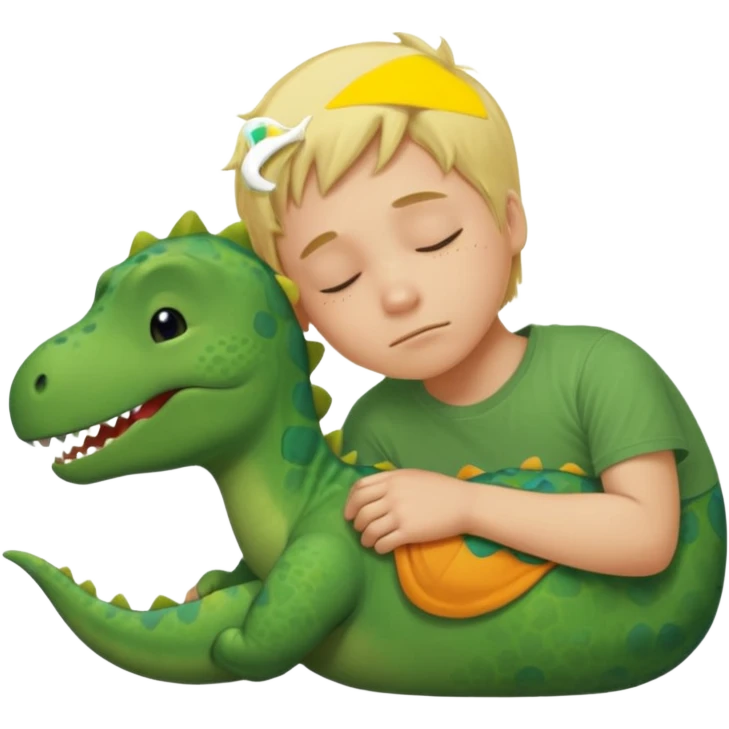 Blond boy sleeping wearing a green dinosaur t-shirt emoji