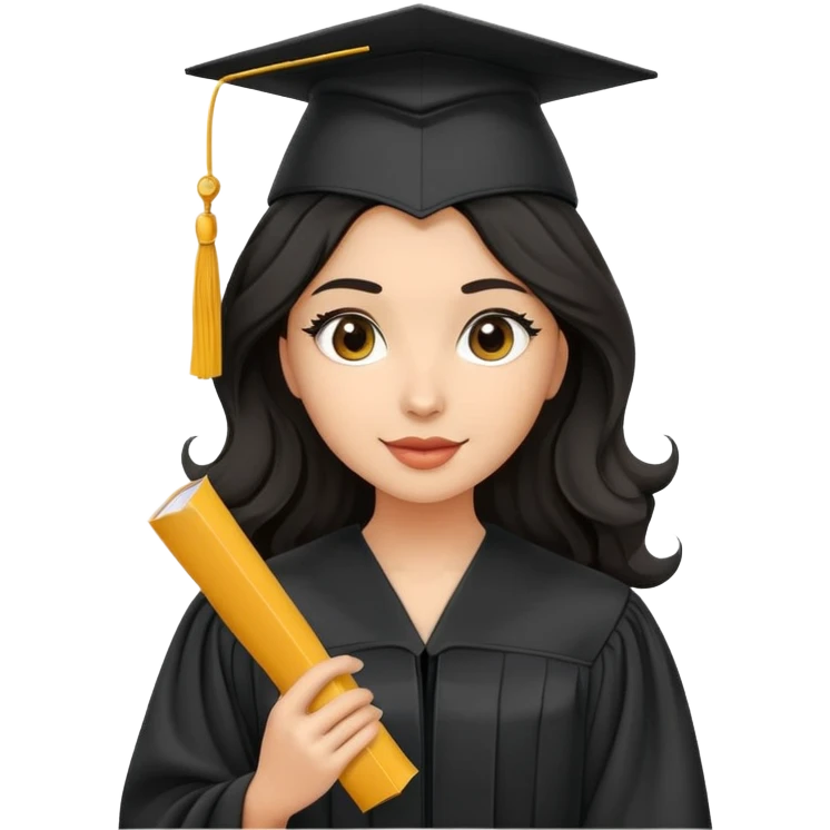 beautiful olive-skinned woman with wavy black hair wearing graduation cap and gown, holding diploma emoji