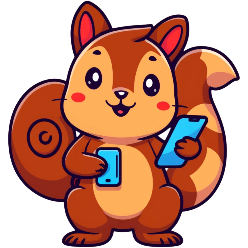 adorable brown squirrel with blushing red cheeks holding a smartphone emoji
