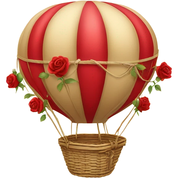 red hot air balloon and beige basket with roses emoji