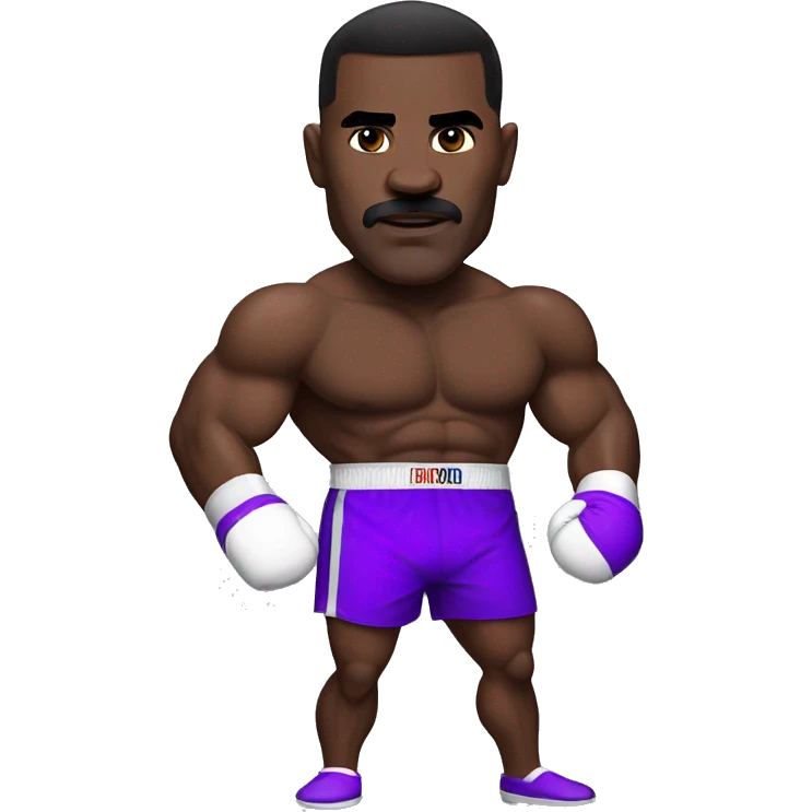 Evander Holyfield in his prime, in boxing attire, purple shorts, with guard half up emoji