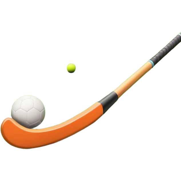 A field hockey stick and ball on a vibrant green grass field, with goalposts and clear field markings in the background. The scene emphasizes the bright, lush grass, highlighting the fast-paced and strategic nature of hockey on a well-maintained pitch. emoji