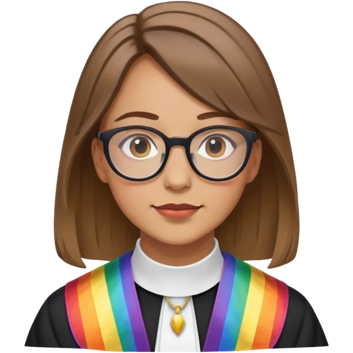 female brown hair light skin with glasses add clergy collar, and rainbow stole, medium length hair emoji