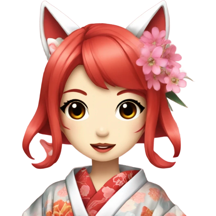 hime gyaru girl, kimono, red hair, kitsune mask emoji