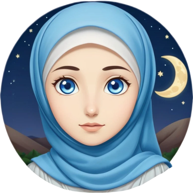 Turkish beautiful finish Konya girl blue eyes with moon hijab dress and watching the moonlight sky on the ground  emoji
