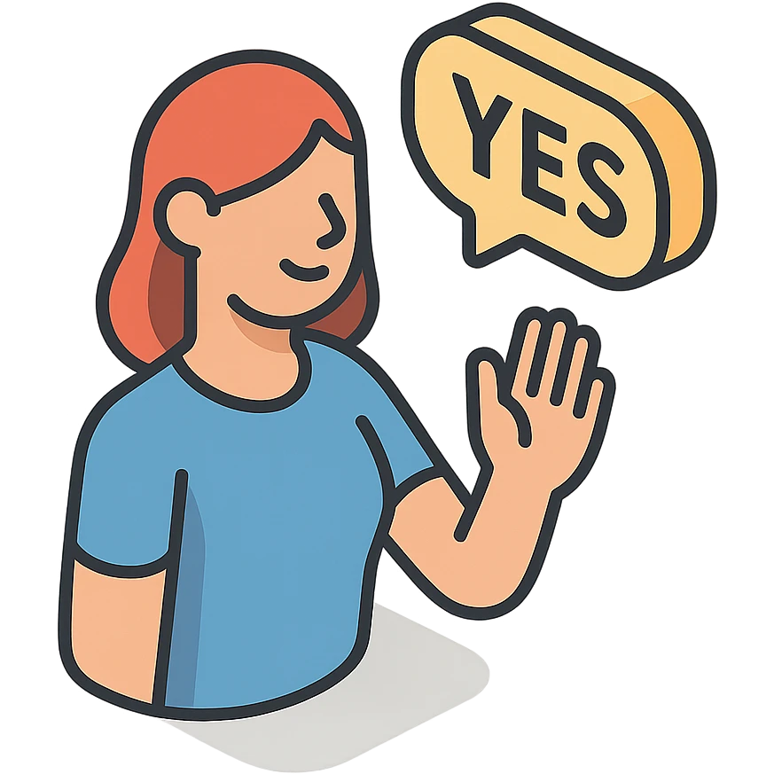 женщина говорит - yes, и делает жест ладонью в знак согласия emoji