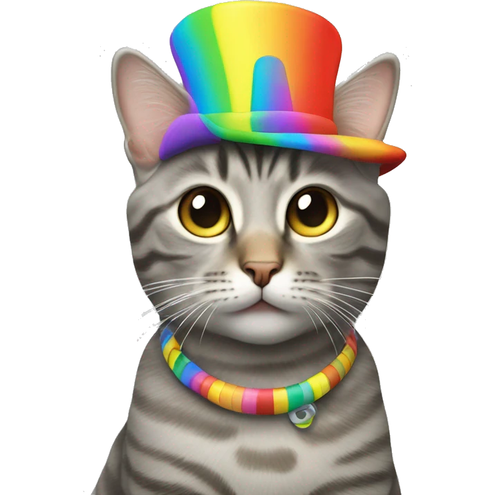 grey tabby cat wearing a rainbow propeller￼ hat  emoji