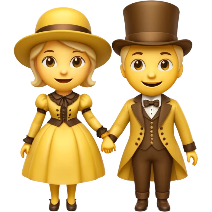 two 3d yellow emoji characters in victorian outfits leaning toward each other mischievously, playful smirk expressions, glossy retro 3d style, white background emoji