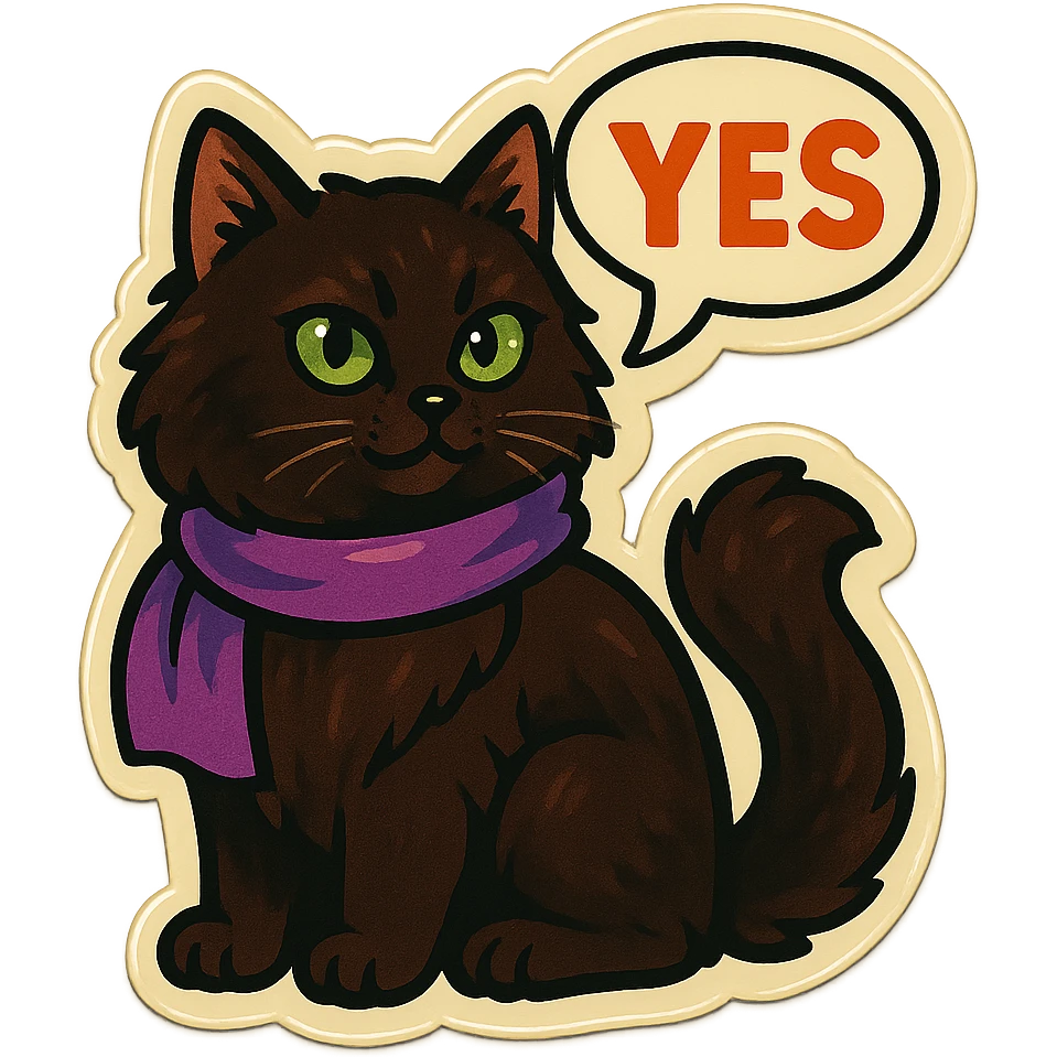 Fluffy dark-brown cat with green eyes and a purple scarf saying ‘YES’ (with a speech bubble) emoji
