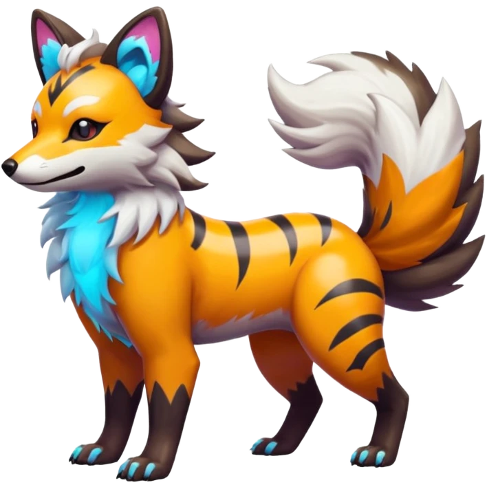 Shiny Neon Glossy Silvally-Arcanine-Aardwolf-Tanuki-Genet-Bobcat-fusion-animal-hybrid-creature, full body emoji