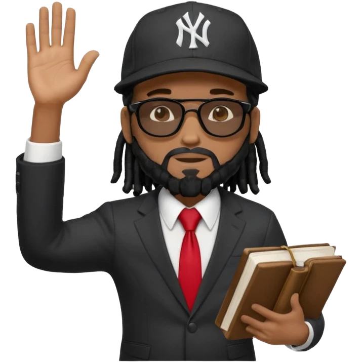 African American man with black beardwith shoulder length black dreadlocks wearing black sunglasses wearing a New York Yankees logo baseball cap wearing a black suit with white shirt and red tie with a Bible in right hand with left hand raise out emoji