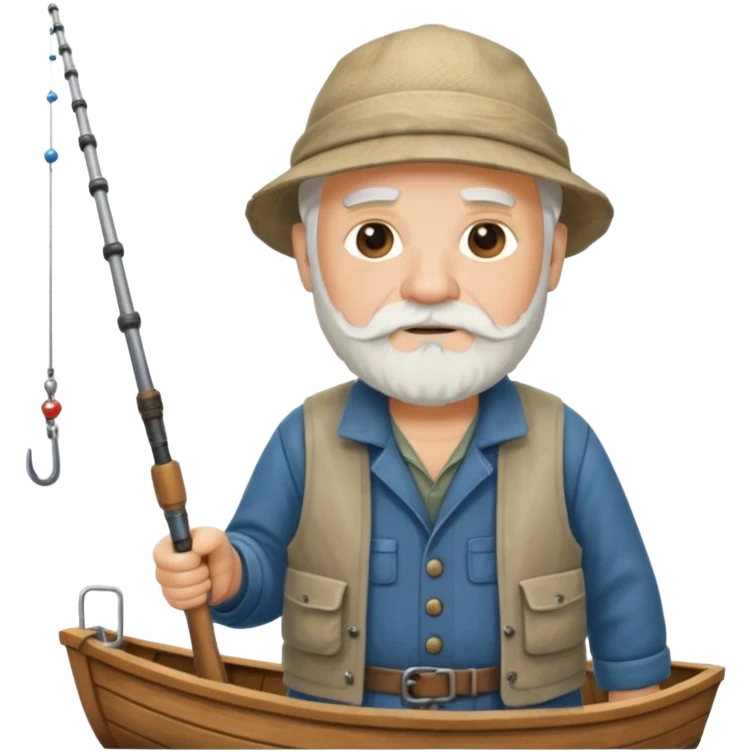 an old white haired, bearded man in fisherman attire, stood in a boat at sea, holding a fishing rod and catching fish with it. emoji